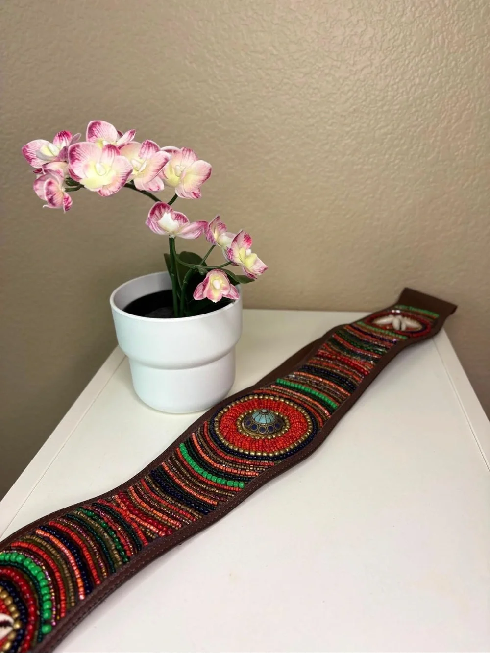 Boho Beaded Wide Leather Statement Belt Turquoise Concho Cowrie Shells